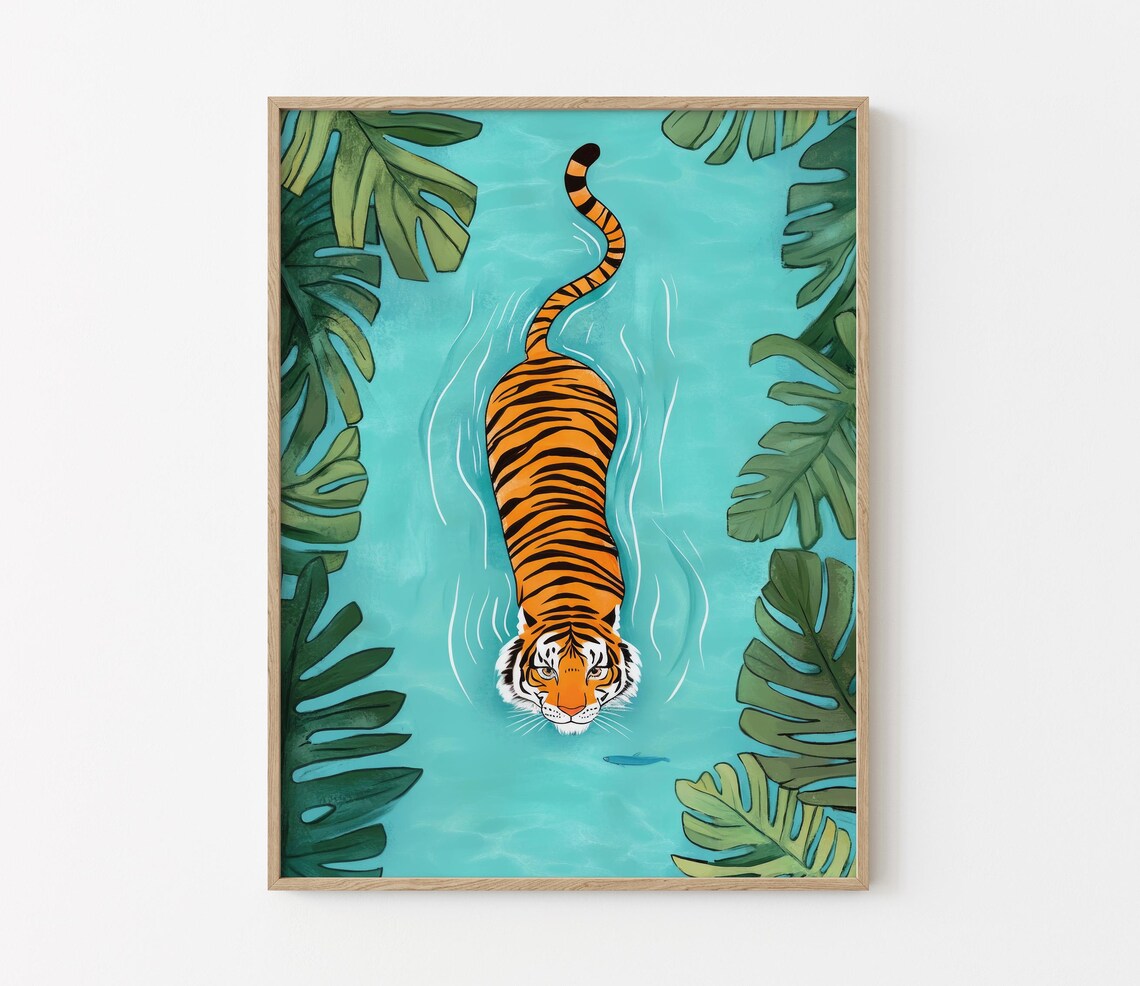 Tiger Swimming Turquoise River Tropical Monstera Leaves Poster