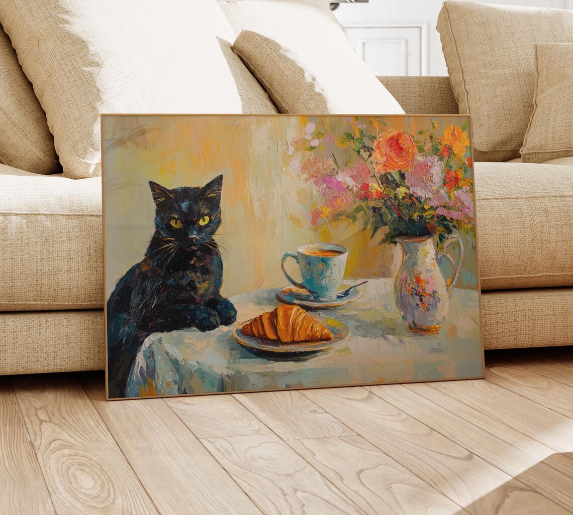 Cafe Croissant Cat Oil Painting Print, Kitchen Poster - Image 4