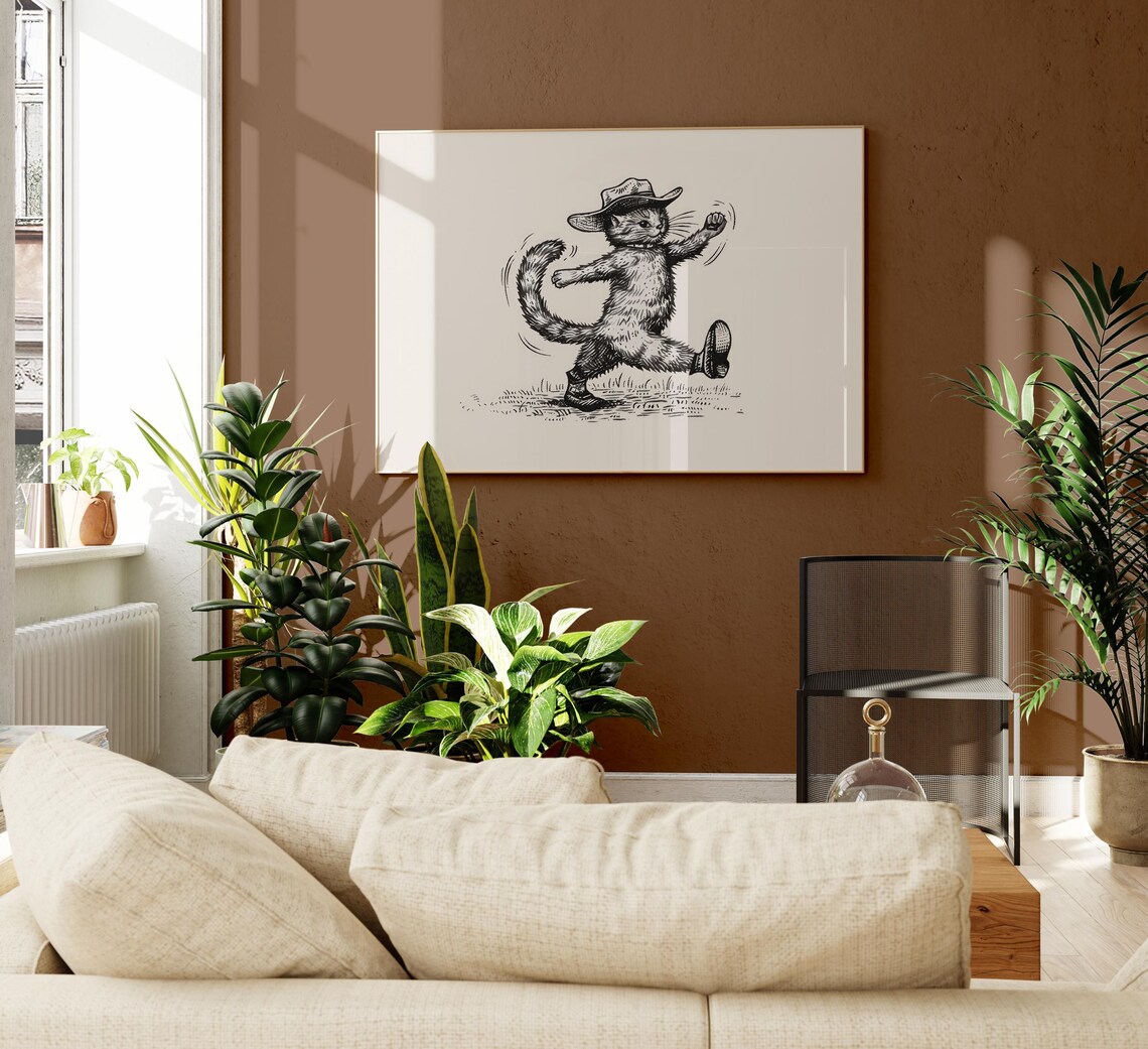 Cowboy Cat Side Profile Stride Walking Western Sketch Poster - Image 2