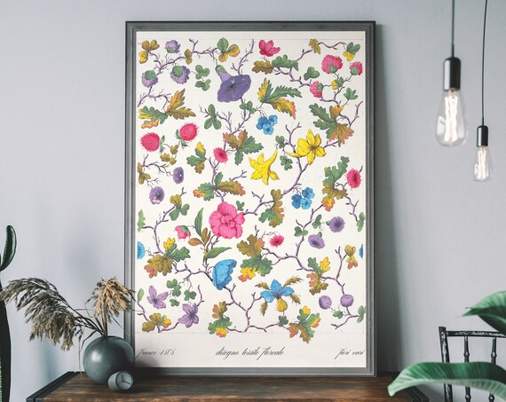 Antique French Floral Textile Design 1808 Botanical Pattern Poster