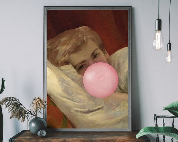 Bubblegum Lady Print Altered Graffiti Art Urban Vintage Modern Pink
