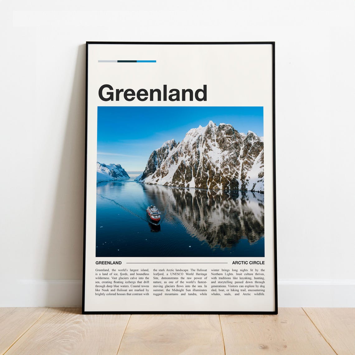 Greenland Arctic Fjord Snow Mountain Boat Minimalist Travel Poster