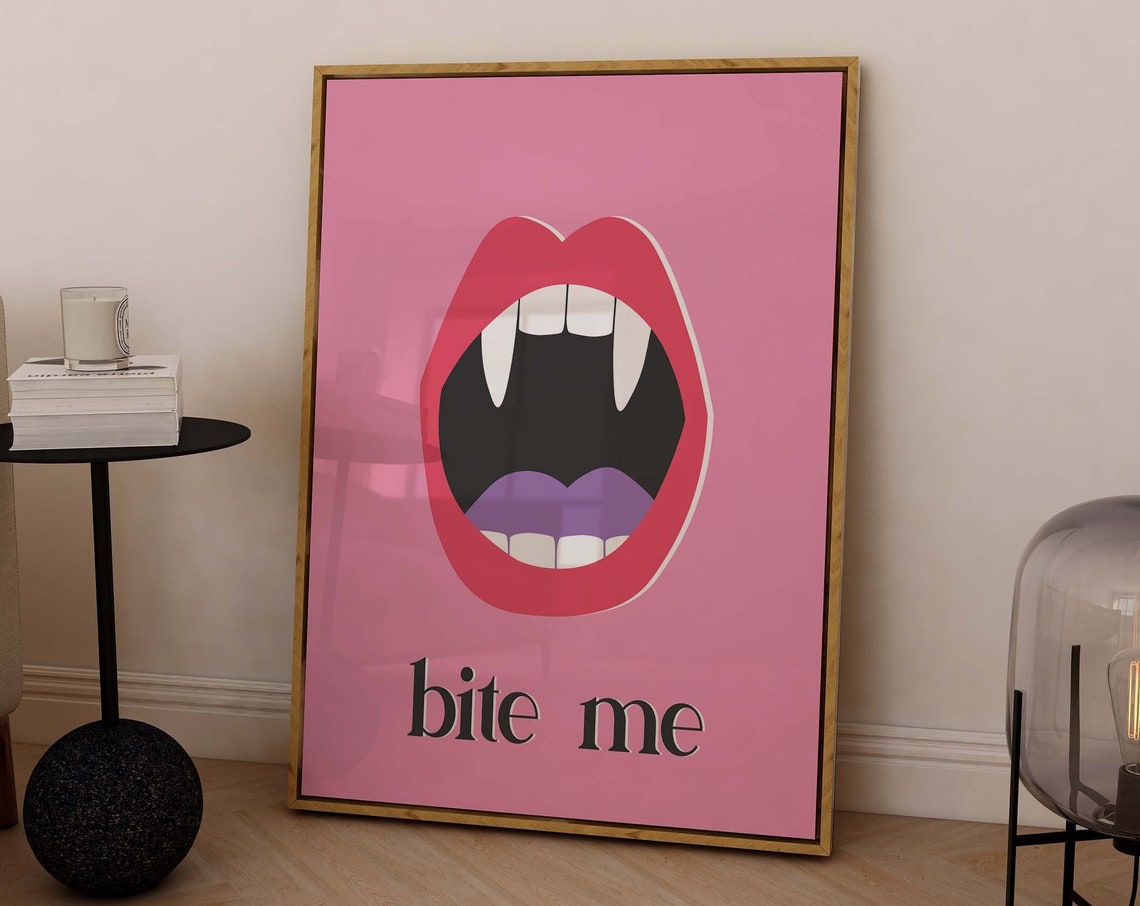 Bite Me Print Art Cute Pink Halloween Wall Decor Funny Vampire Art Print Trendy Halloween Wall Art