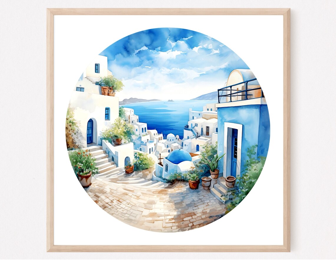 Santorini Greece Watercolor Circle Art Print