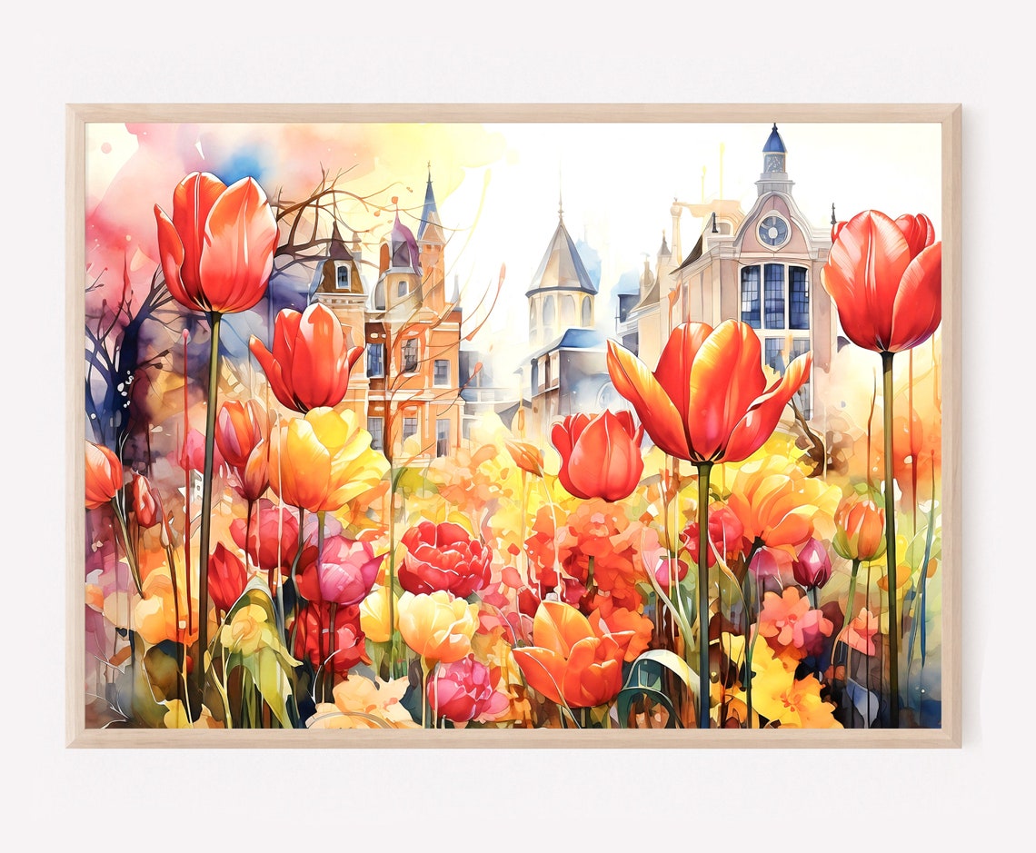 Amsterdam Tulip Field Dutch Canal Houses Spring Watercolor Wall Art