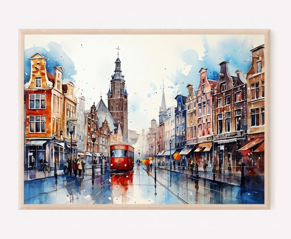 Amsterdam Watercolor Cityscape Print Europe Travel Art