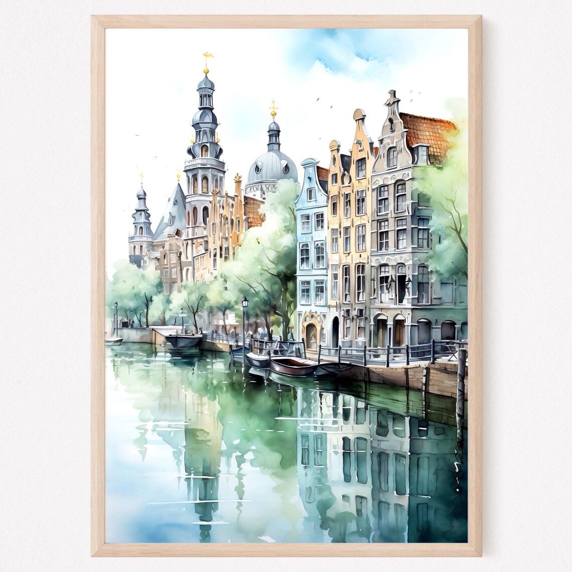 Amsterdam Canal Historic Dutch Houses Watercolor Travel Poster