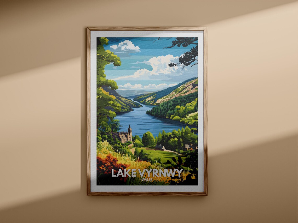 Lake Vyrnwy Wales Church Tower Green Valley Retro Travel Poster - Image 3