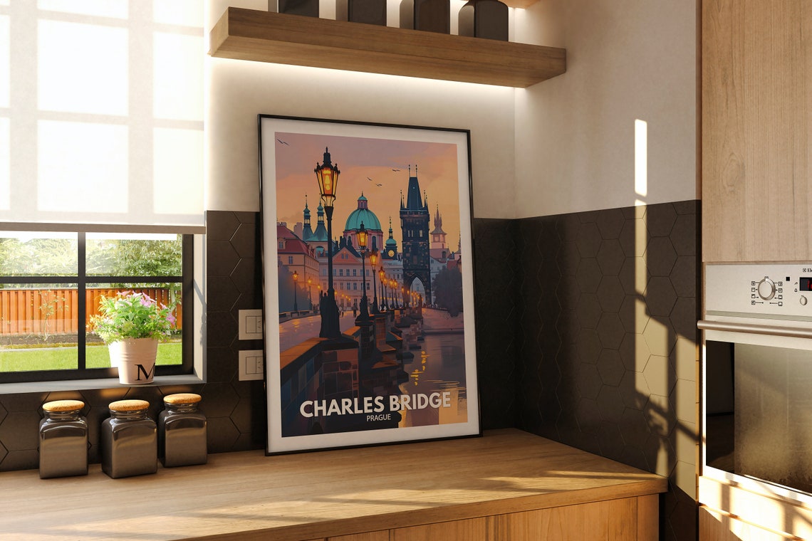 Charles Bridge Prague Sunset Old Town Lamp Vintage Travel Poster - Image 2
