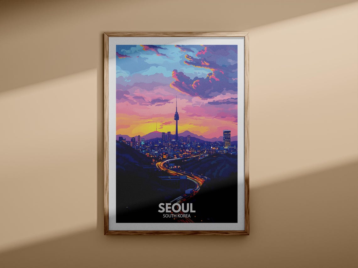 Seoul South Korea Travel Poster N Seoul Tower Night Skyline View - Image 3