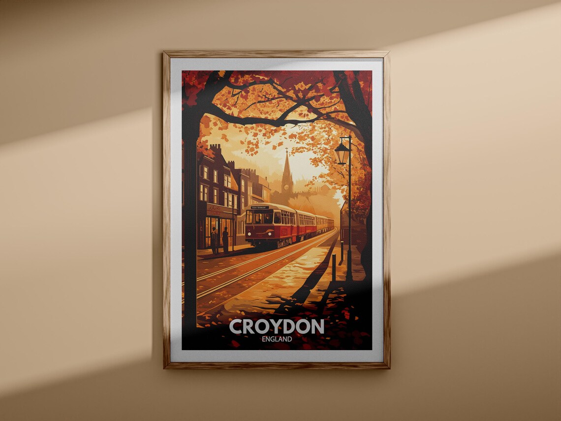 Croydon England Autumn Tram Golden Street Vintage Travel Poster - Image 3