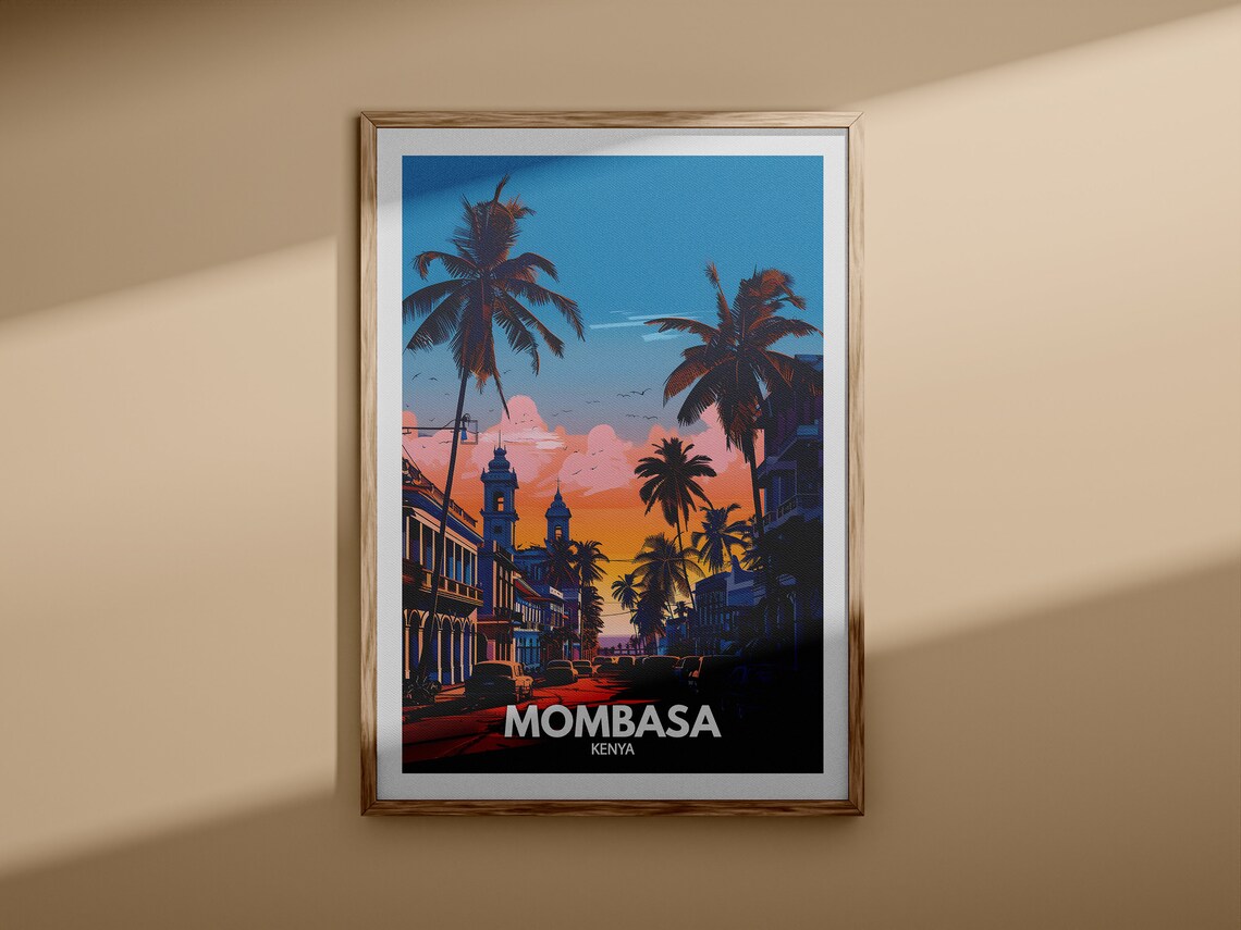 Mombasa Kenya Travel Poster Sunset Palm Street Colonial Buildings Coastal - Image 3