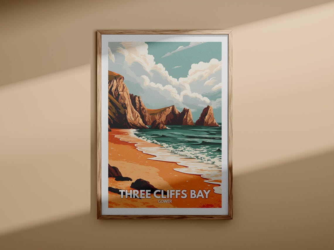 Three Cliffs Bay Gower Limestone Cliffs Orange Sand Beach Poster - Image 3