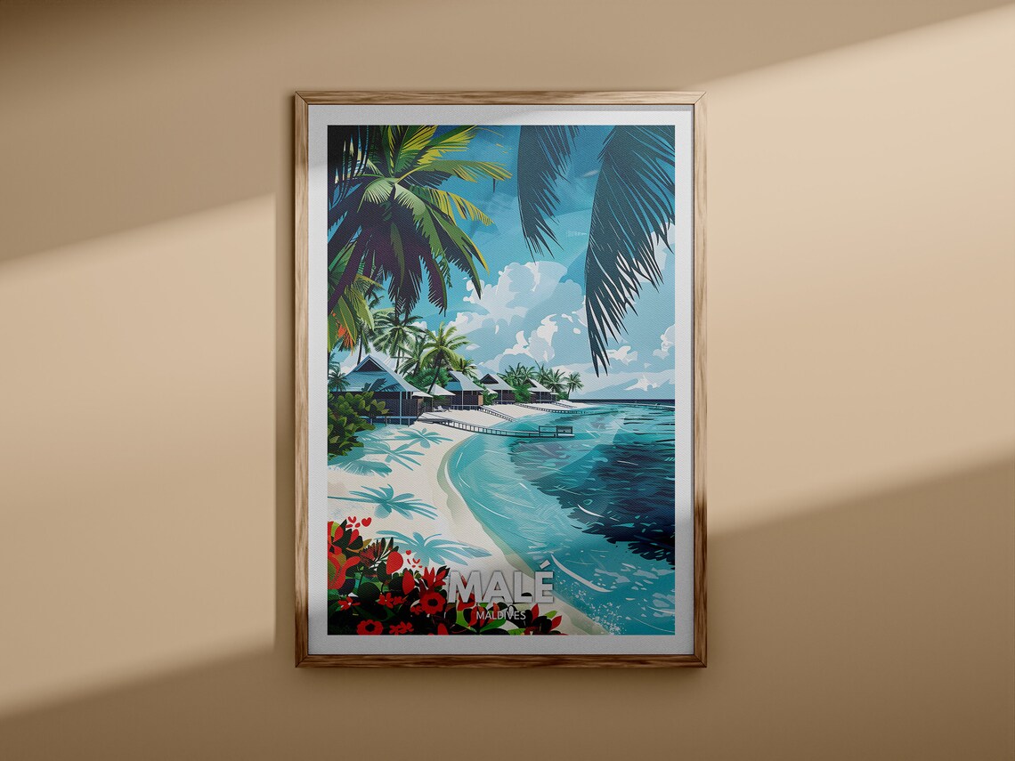 Male Maldives Tropical Beach with Palm Trees and Huts Travel Poster - Image 3