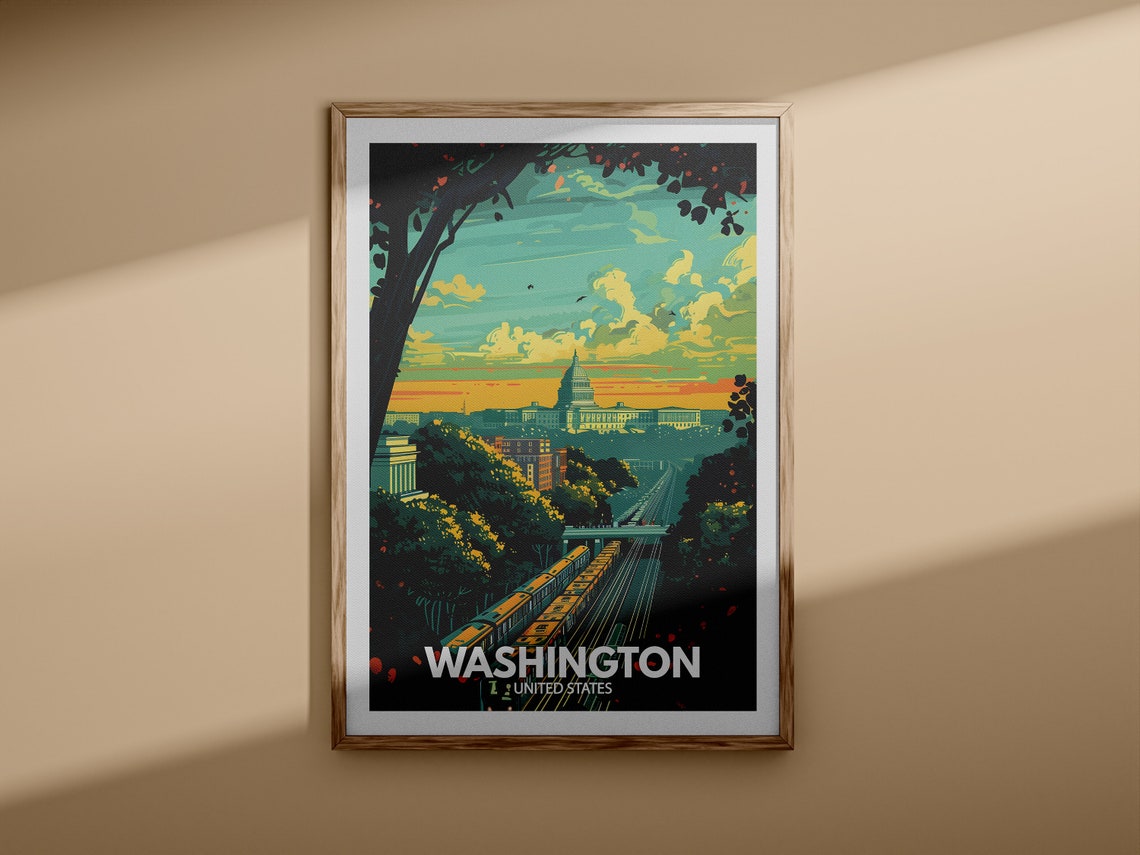Washington United States Capitol Sunset Train Vintage Travel Poster - Image 3