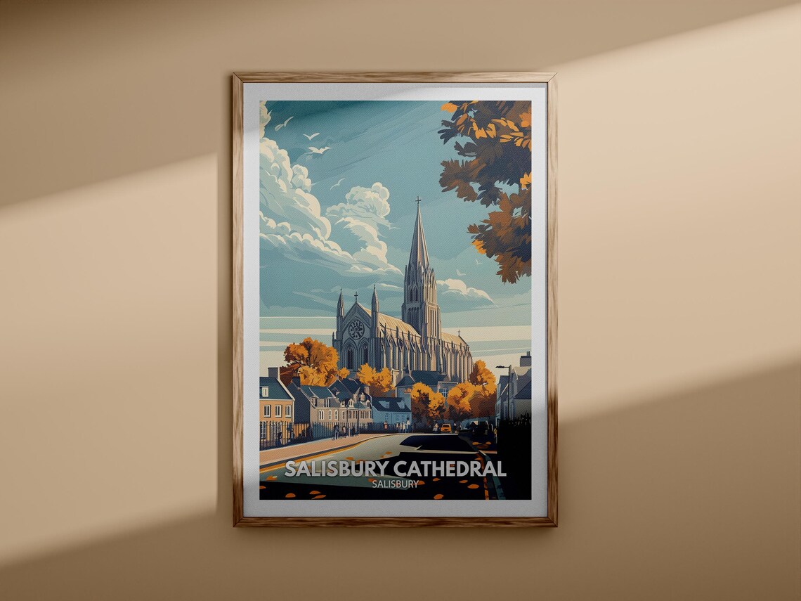 Salisbury Cathedral Spire Autumn Street English Heritage Travel Poster - Image 3