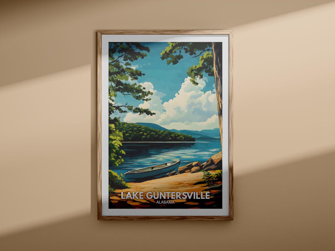 Lake Guntersville Alabama Canoe Shoreline Mountain Lake Poster - Image 3