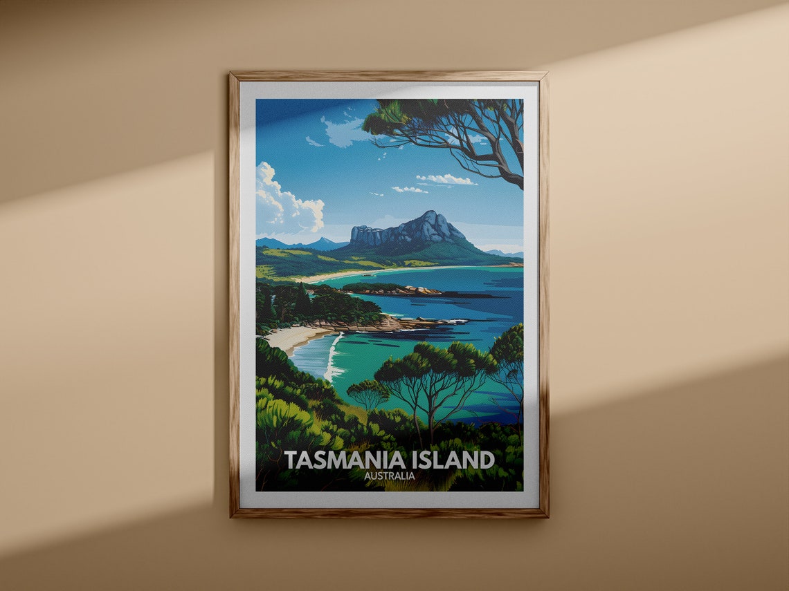 Tasmania Island Australia Turquoise Bay Mountain Coast Travel Poster - Image 3