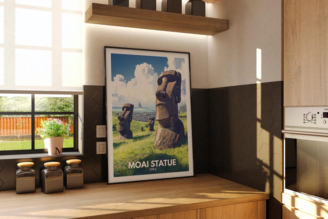 Moai Statue Easter Island Chile Rapa Nui Stone Heads Travel Poster - Image 2