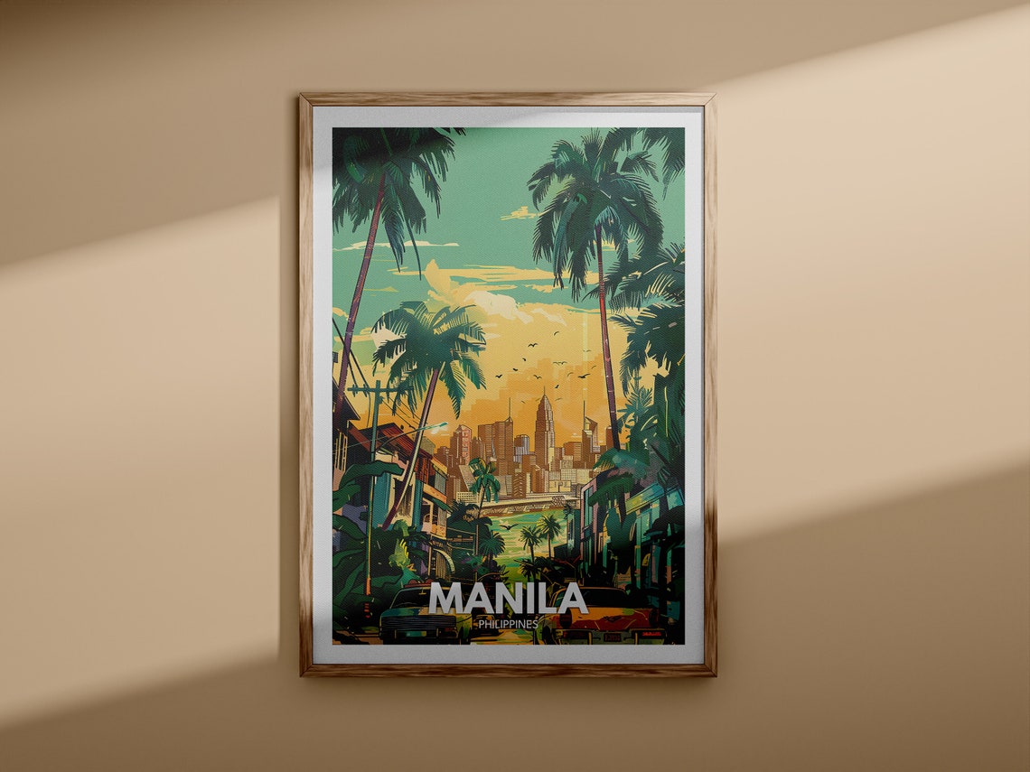 Manila Philippines Skyline Palm Trees Sunset Street Travel Poster - Image 3