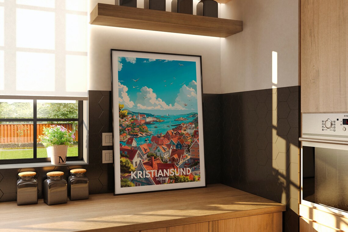 Kristiansund Norway Travel Poster Harbor Town Red Roof Houses Fjord Boats - Image 2