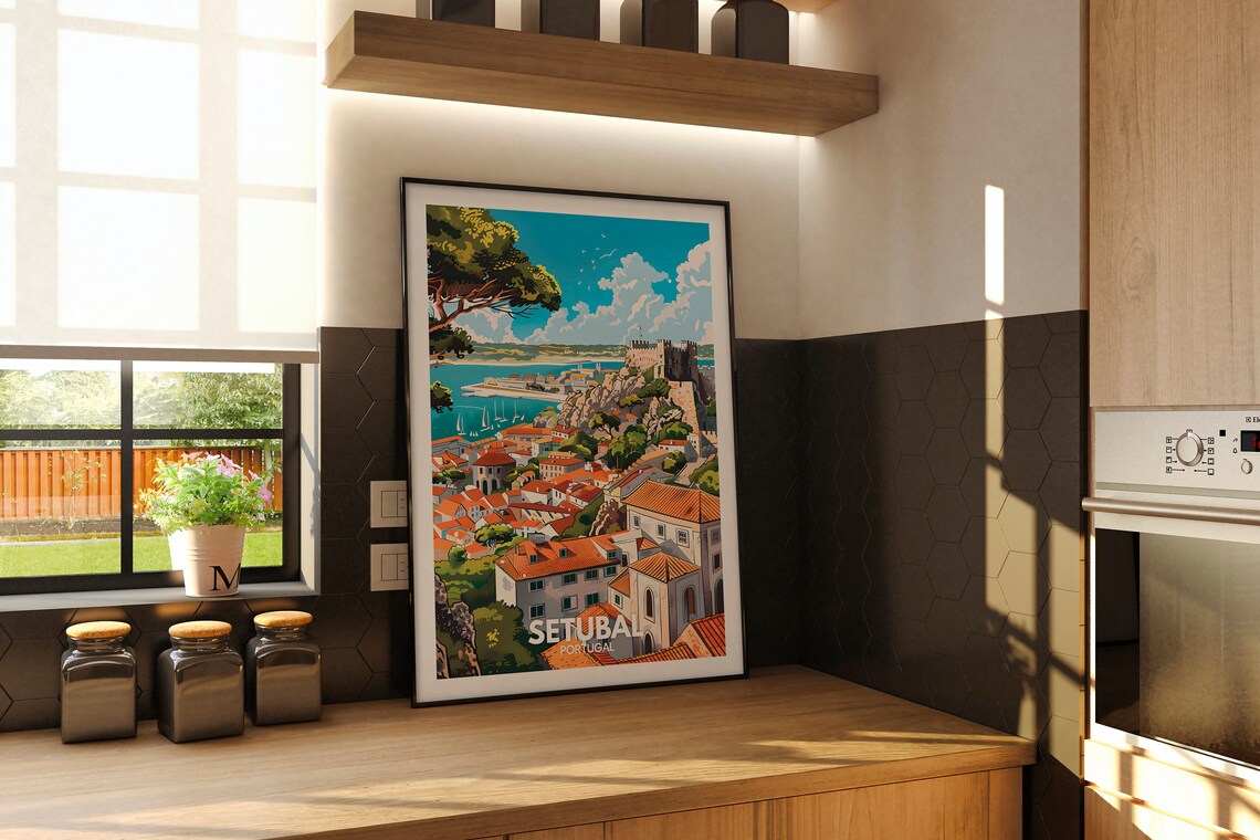 Setubal Portugal Castle Hillside Harbor Vintage Travel Poster - Image 2