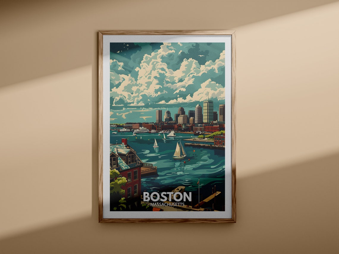 Boston Massachusetts Harbor Sailboats Skyline Retro Travel Poster - Image 3