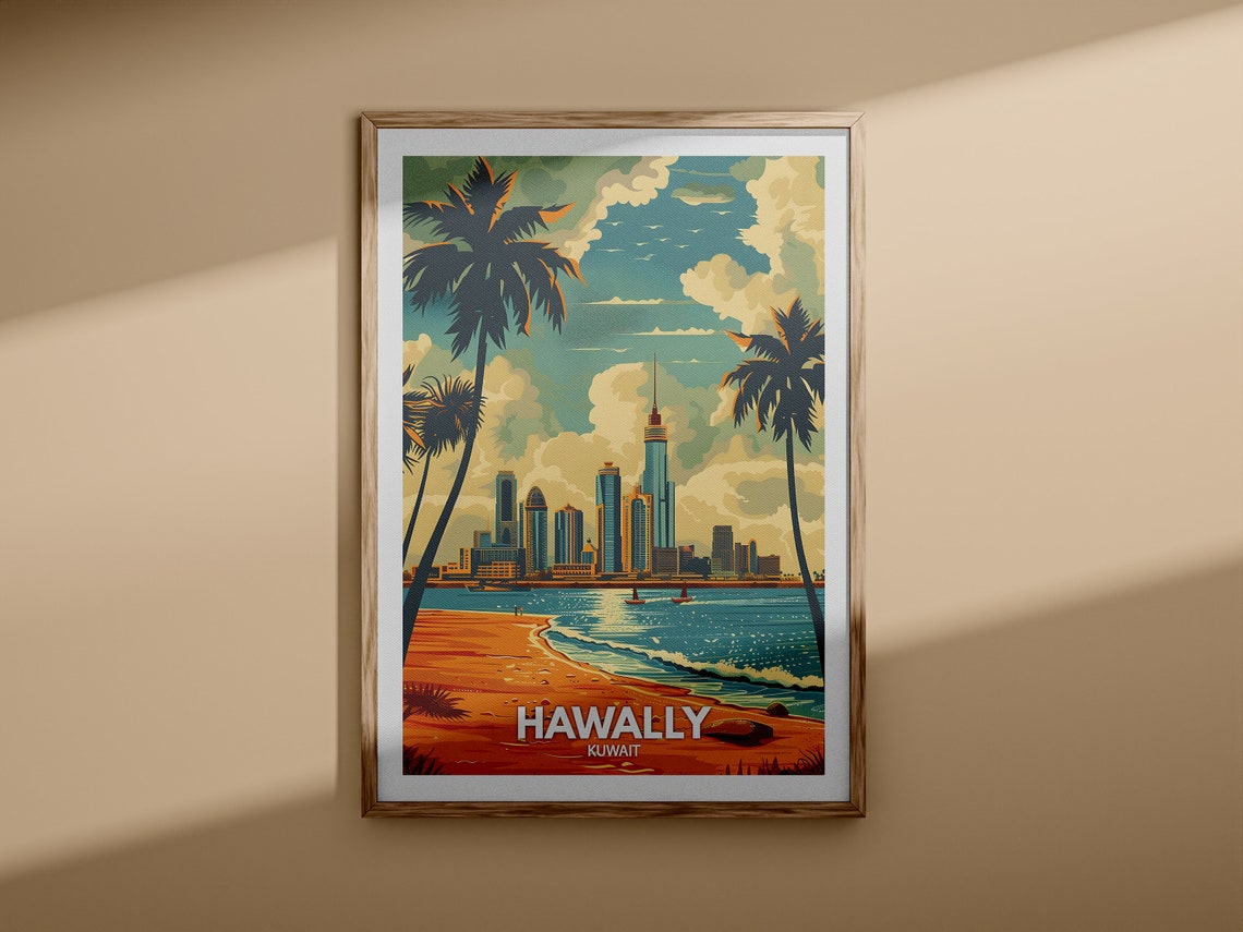 Hawally Kuwait Beach Palms Golden Skyline Vintage Travel Poster - Image 3