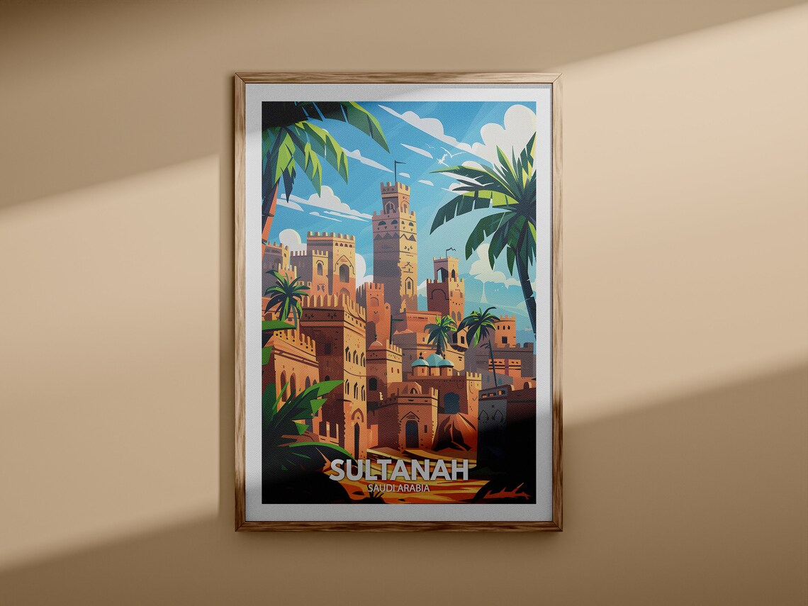 Sultanah Saudi Arabia Sandstone Towers Palm Oasis Vintage Travel Poster - Image 3