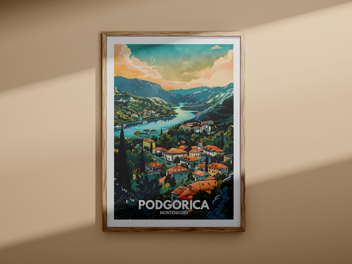 Podgorica Montenegro Vintage River Valley Travel Poster Town View - Image 3