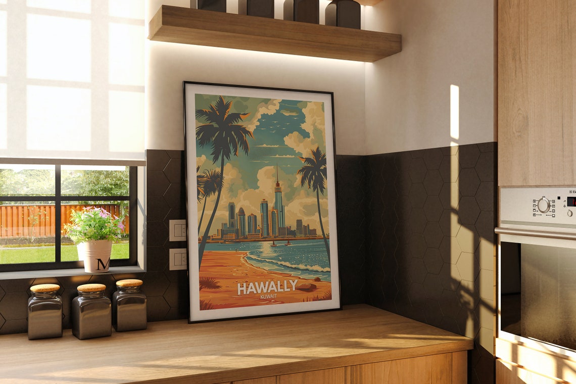 Hawally Kuwait Beach Palms Golden Skyline Vintage Travel Poster - Image 2