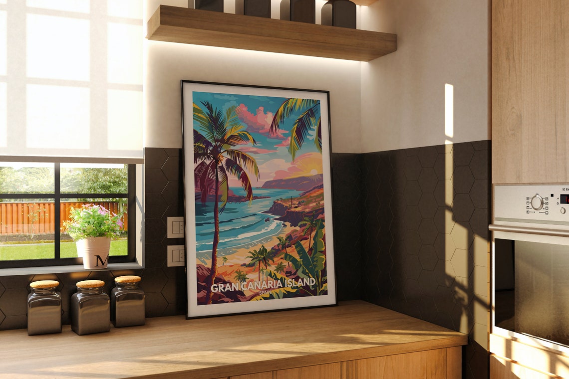 Gran Canaria Island Spain Sunset Beach Palms Surf Coast Travel Poster - Image 2