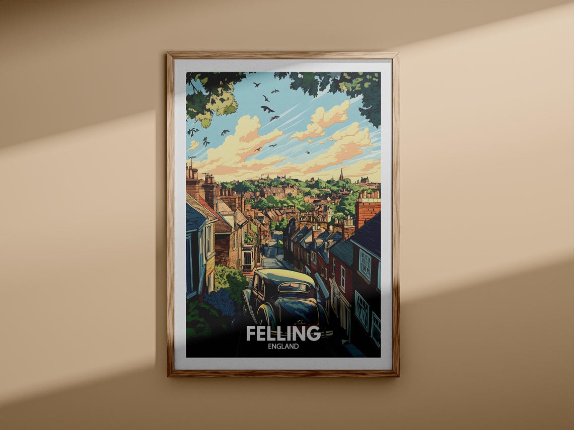 Felling England Terraced Streets Vintage Car Sunset Travel Art Poster - Image 3