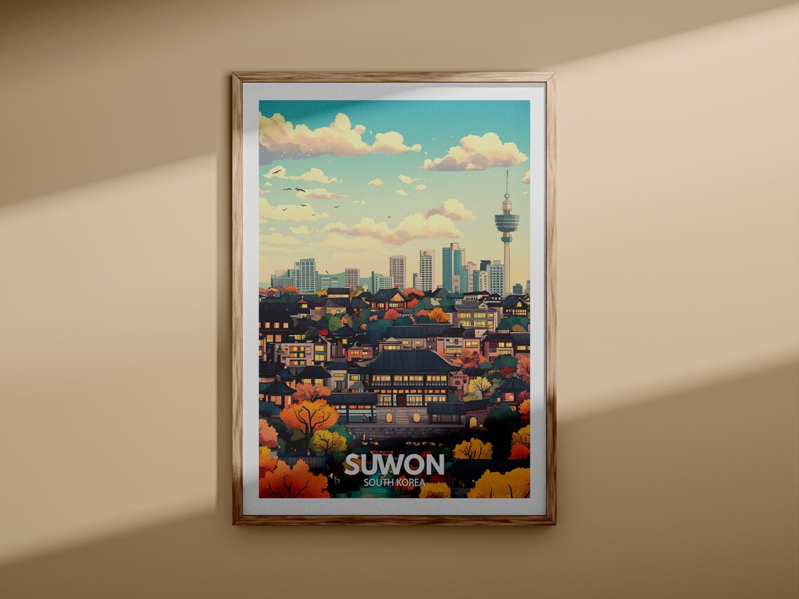 Suwon South Korea Autumn Skyline Palace Vintage Travel Poster - Image 3