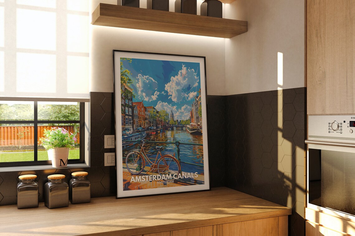 Amsterdam Canals Bicycle Houseboats Scenic Dutch City Travel Poster - Image 2