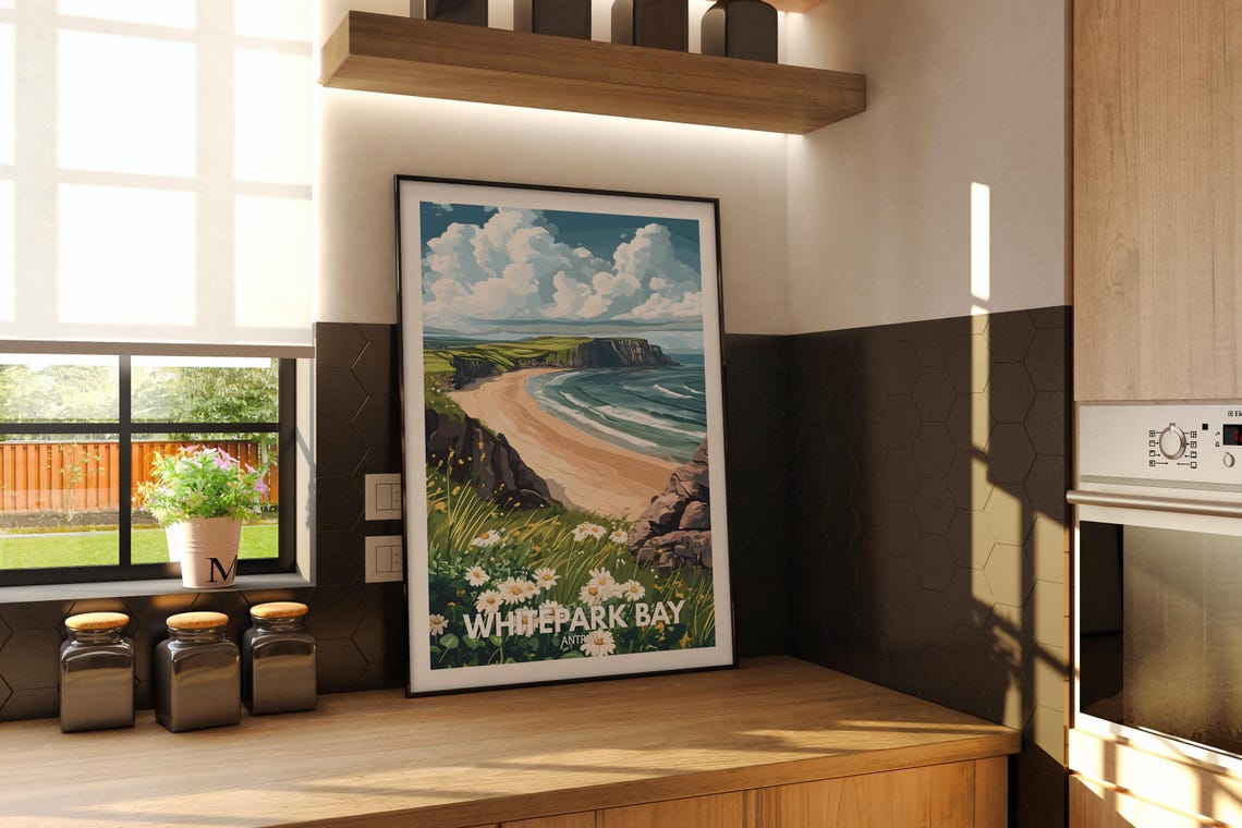 Whitepark Bay Antrim Sandy Bay Cliffs Daisies Vintage Travel Poster - Image 2