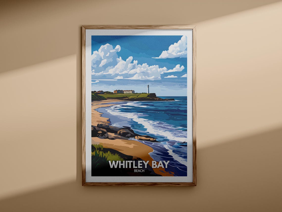 Whitley Bay Beach England Lighthouse Distant Shore Travel Poster - Image 3