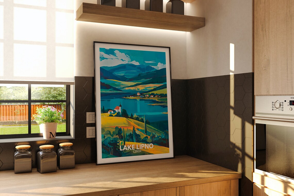 Lake Lipno Czech Alpine Lake Church Hills Valley Nature Travel Poster - Image 2