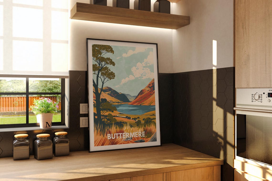 Buttermere England Golden Hills Lake Sunset Retro Travel Poster - Image 2