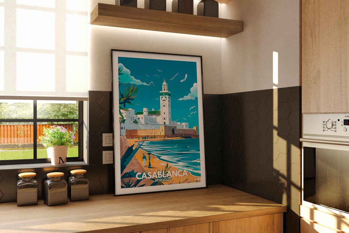 Casablanca Morocco Hassan II Mosque Vintage Style Travel Poster - Image 2