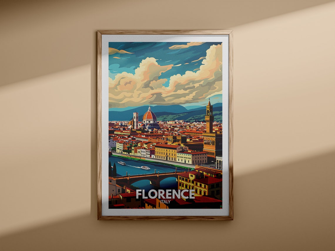 Florence Italy Travel Poster Duomo Arno River Sunset Cityscape - Image 3