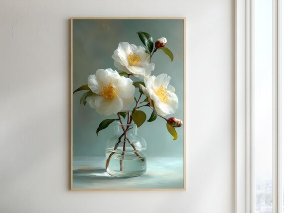 White Camellia Blossoms in a Glass Vase on a Soft Sage Background Poster