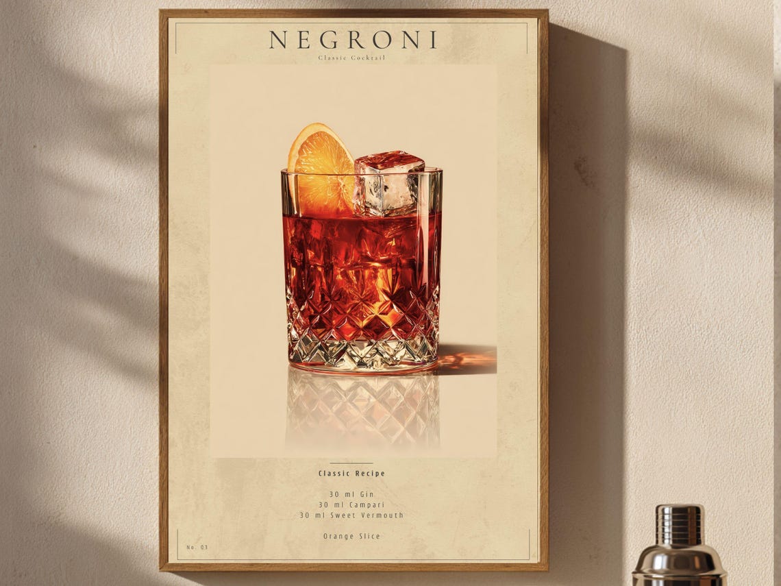 Negroni Poster Vintage Cocktail Wall Art Bar Cart Decor Printable Download