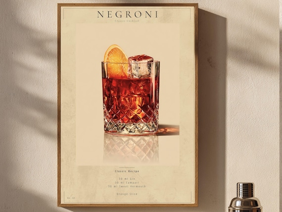 Negroni Classic Cocktail Recipe Illustration Bar Cart Poster