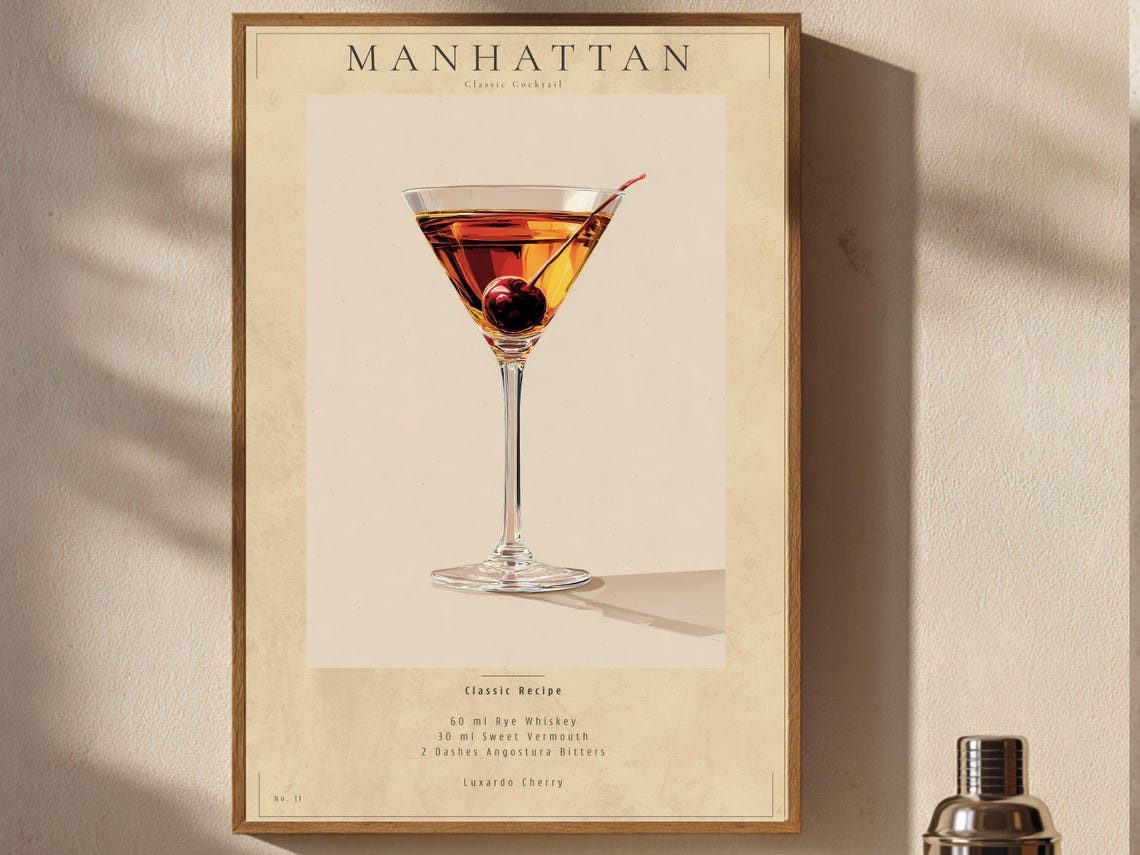 Manhattan Classic Cocktail Recipe Vintage Bar Cart Drink Poster