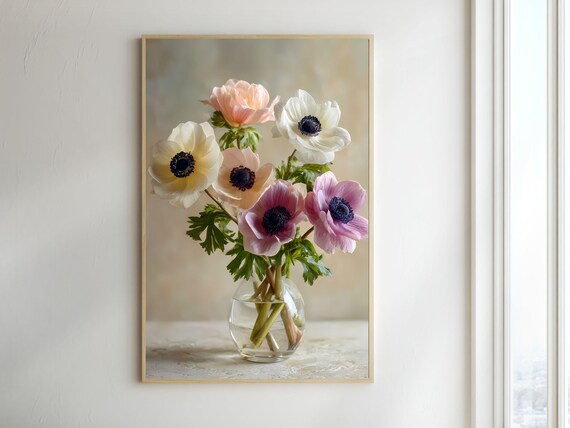 Pastel Anemone Flowers in a Glass Vase Delicate Botanical Poster