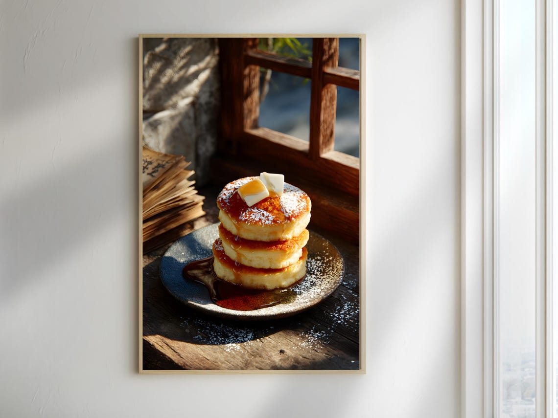 Japanese Souffle Pancakes Butter Syrup Window Light Cafe Poster