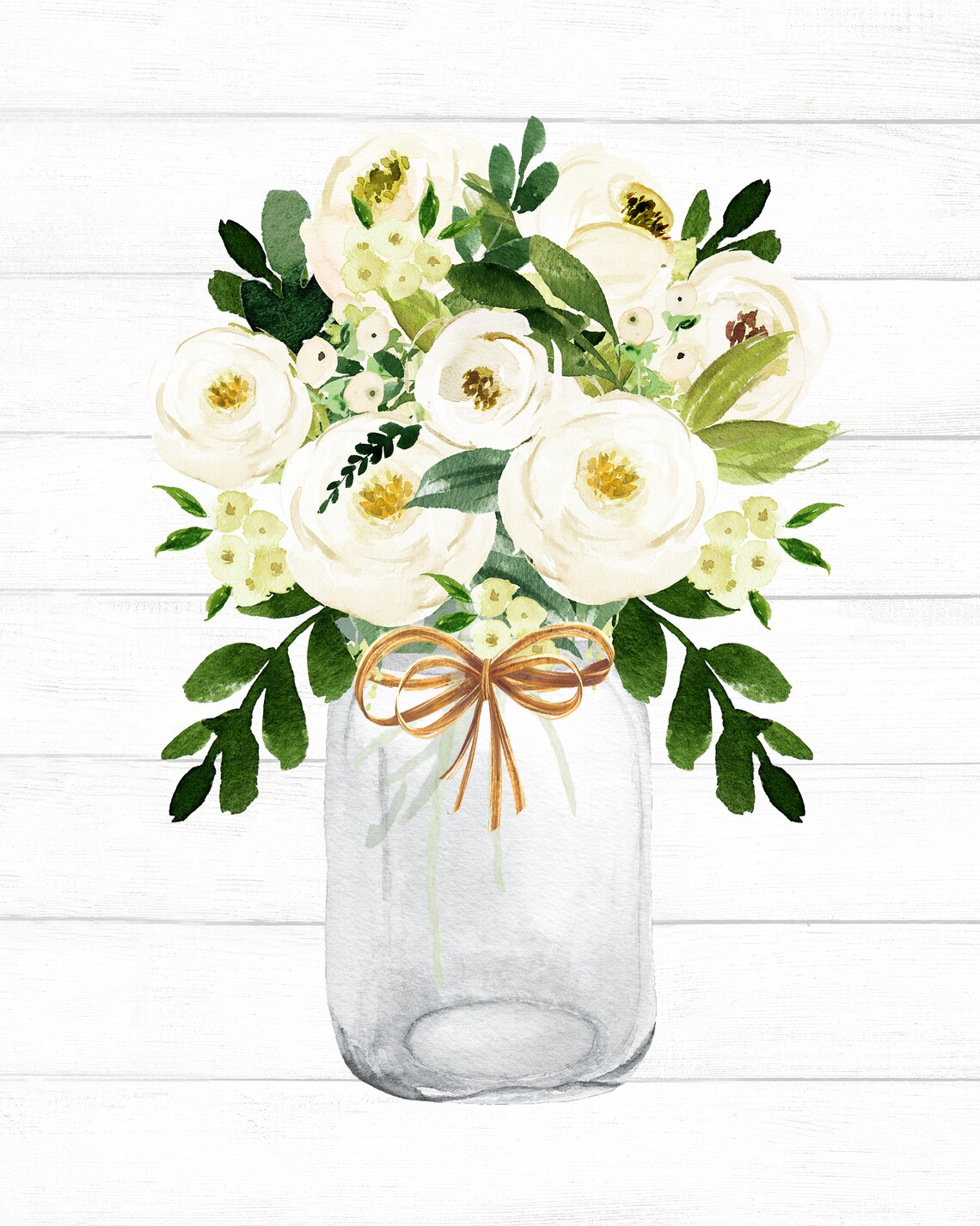White Rose Watercolor Bouquet Mason Jar Gold Bow Farmhouse Print - Image 2