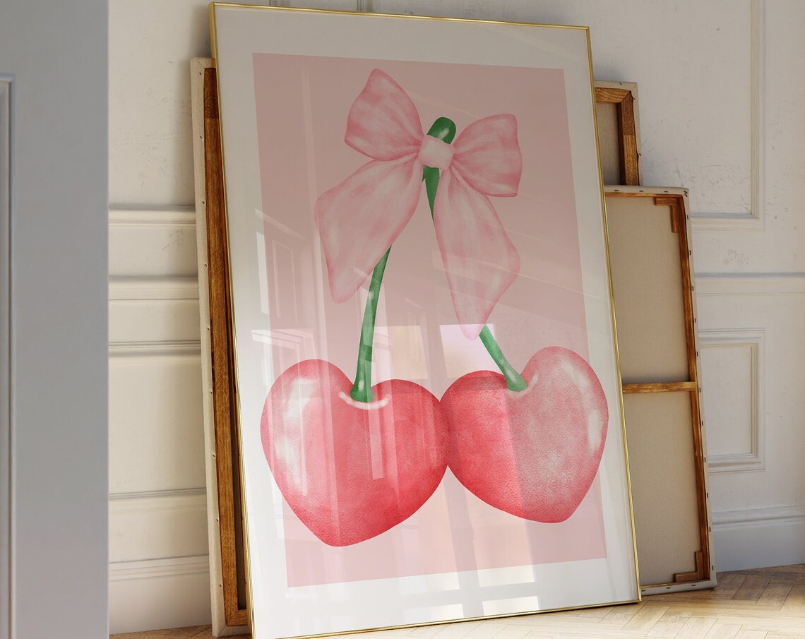 Pink Cherry Watercolor Illustration Poster Girly Coquette Bow