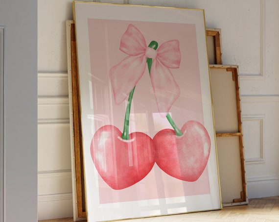 Trendy Cherry Print Pink Wall Art Girly Coquette Soft Room Decor Pink Red Bedroom Wall Decor Watercolor Bow Poster For College
